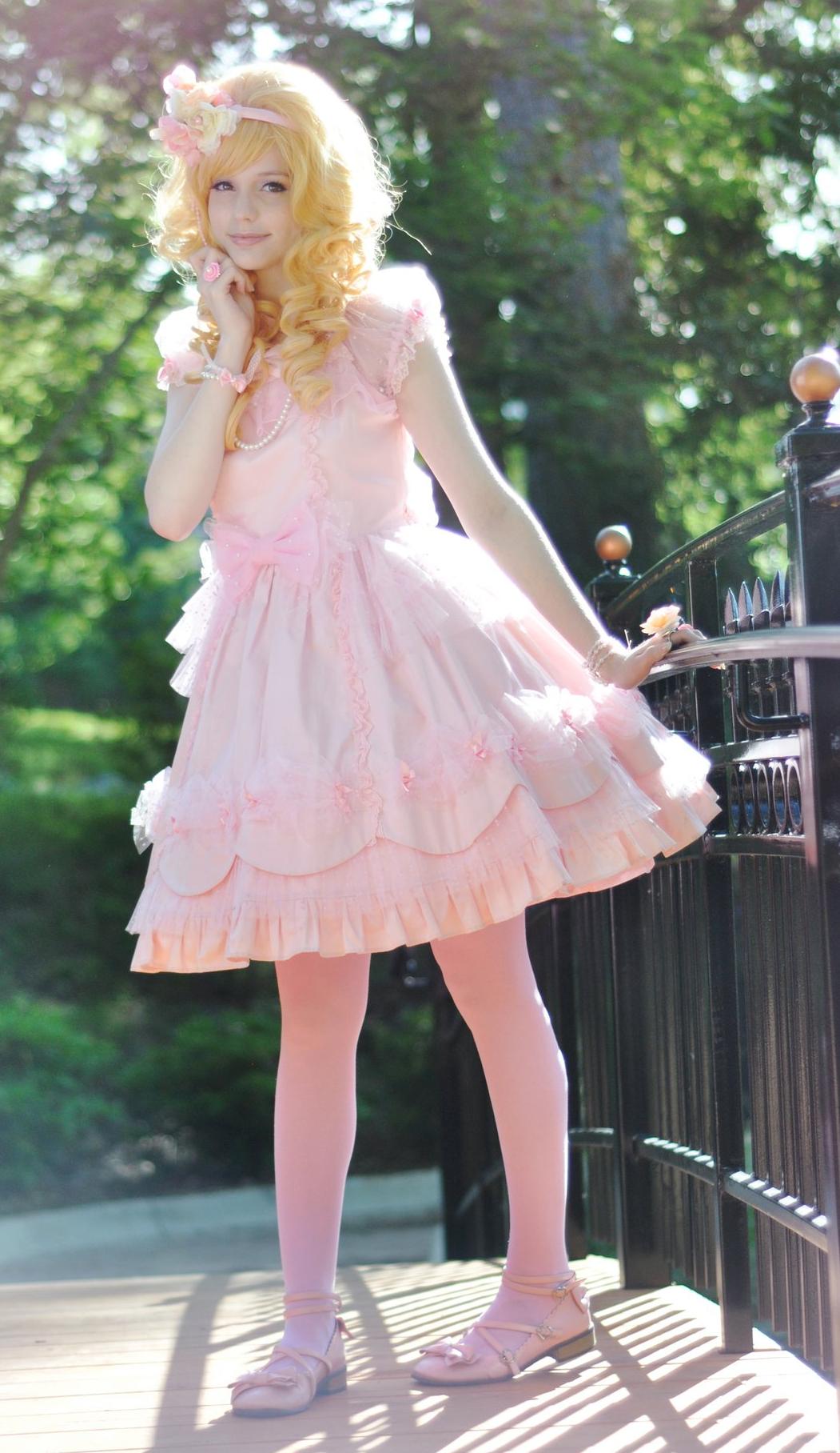 Blonde Lolita wearing Pink Opaque Pantyhose and Pink Sandal Shoes